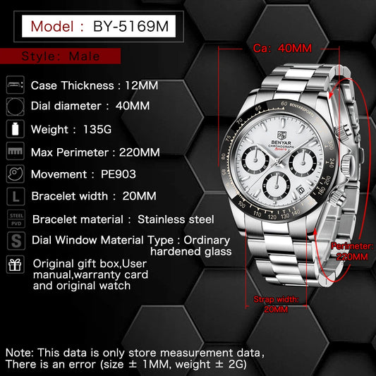 Relojes Hombre 2026 BENYAR New Watches Men Luxury Brand Chronograph Male Sport Watches Waterproof Stainless Steel Quartz Watch