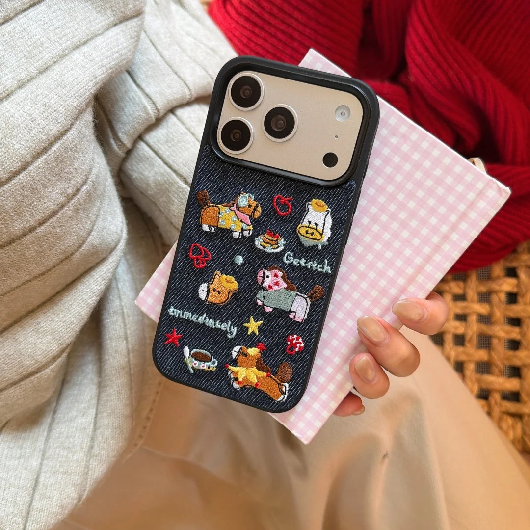 Korean Embroidered Cartoon Illustration Denim Phone Case For iPhone 17 16 Pro 15 14 13 Pro Max Cover Shockproof Cases Funda