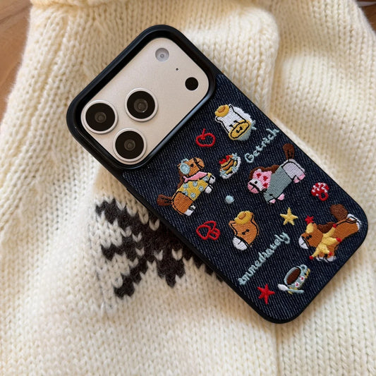Korean Embroidered Cartoon Illustration Denim Phone Case For iPhone 17 16 Pro 15 14 13 Pro Max Cover Shockproof Cases Funda