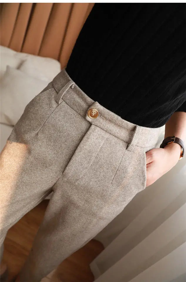 Woolen Pants Women's Harem Pencil Pants 2026 Autumn Winter High Waisted Casual Suit Pants Office Lady Women Trousers