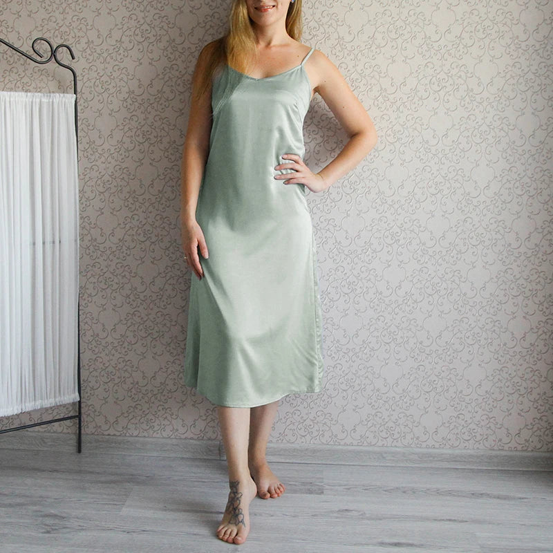 Original Satin Summer Dress Spaghetti Straps V-Neck Backless Long Dresses For Women Party Sexy Vestidos Sundress，M30262