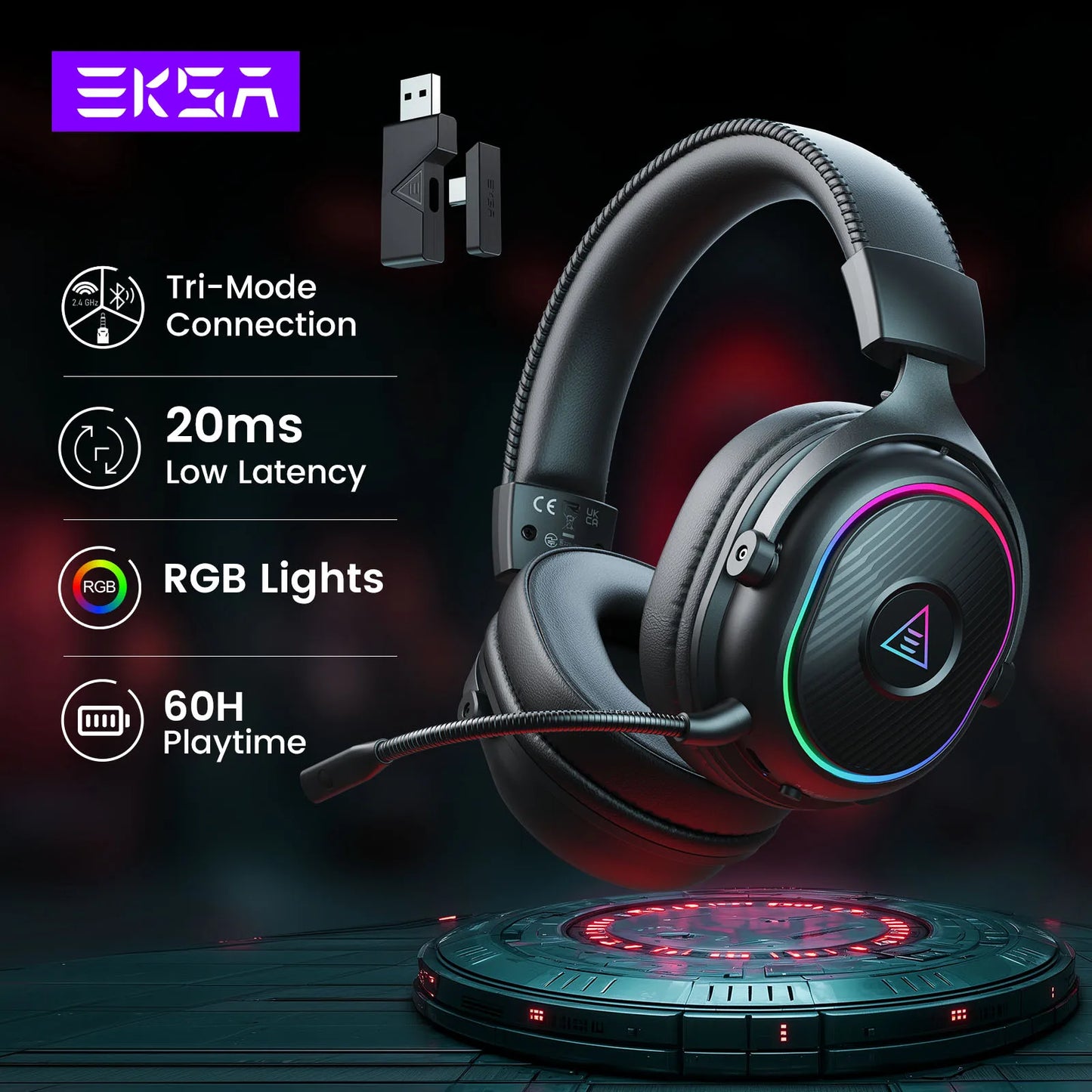 EKSA Mako BT 2.4GHz Low Latency Wireless Headphones, Over-Ear Bluetooth 5.3 Headset Gamer with Detachable Microphone for PC/PS5