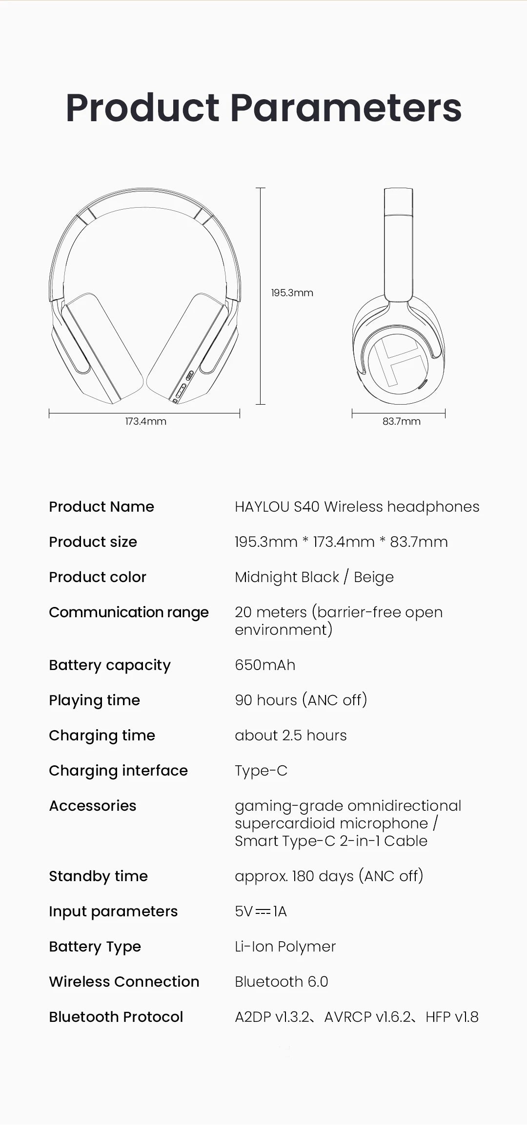 HAYLOU S40 ANC Wireless Headphones Bluetooth 6.0 Hi-Res Audio Over Ear Headset 50dB Hybrid Active Noise Cancellation Earphones
