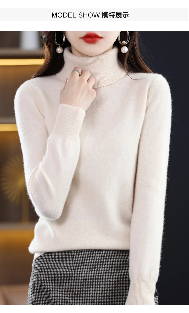 100% Merino Wool High Turnover Collar Knitted Sweater For Women's Autumn And Winter Warm Top Elegant 2YS Versatile Jiu Jia 206
