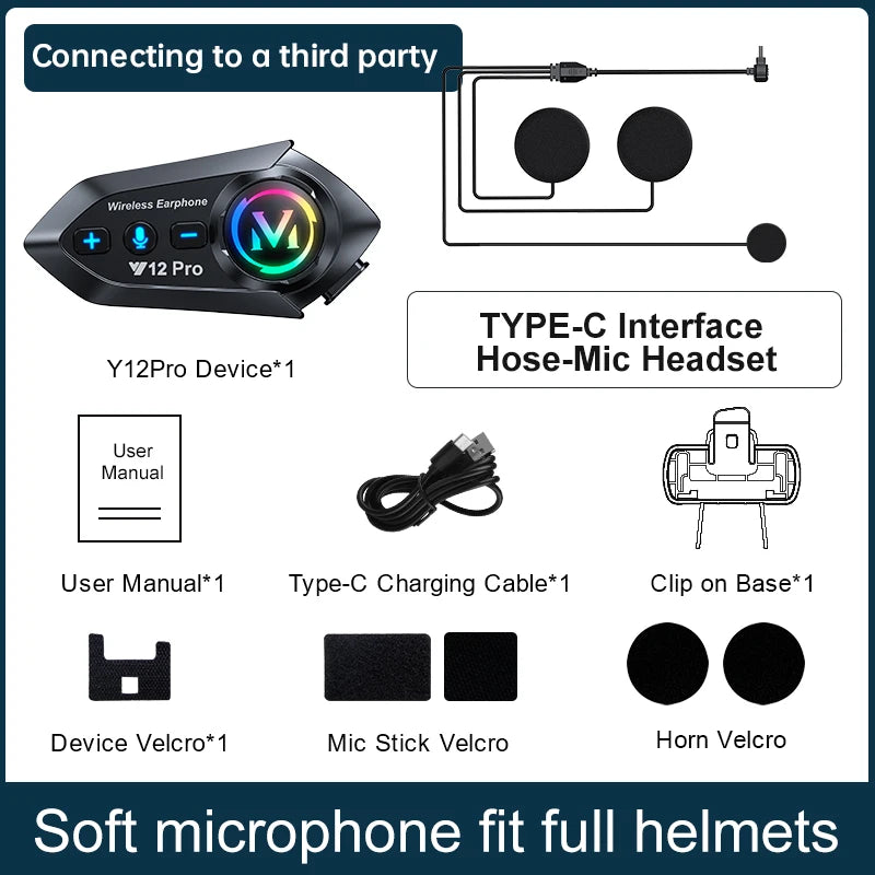 Y12 Pro Motorcycle Helmet Intercom Headset Bluetooth 5.4 Hands Free Call 500M For 2 Rider Intercomunicador Moto Interphone Music