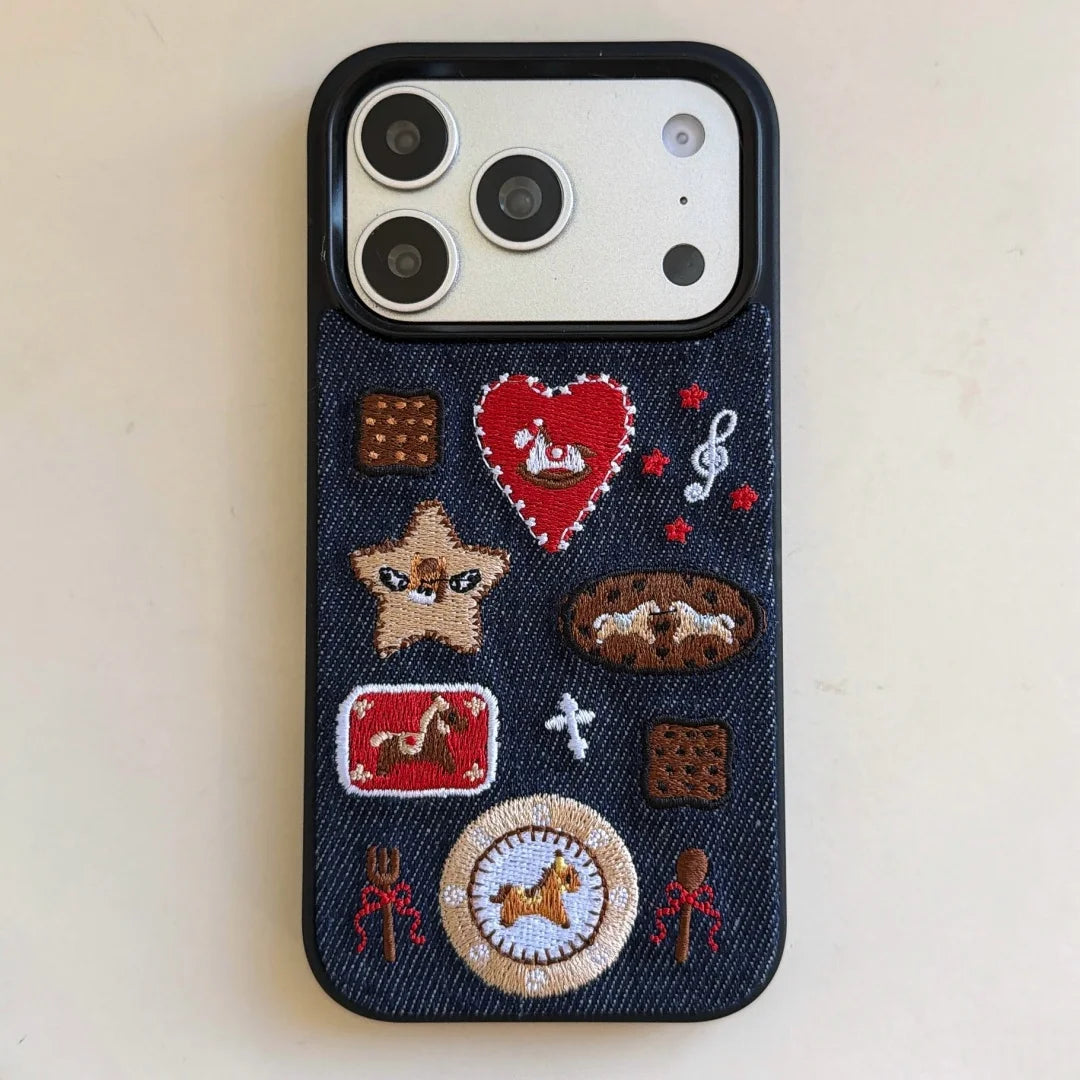 Korean Embroidered Cartoon Illustration Denim Phone Case For iPhone 17 16 Pro 15 14 13 Pro Max Cover Shockproof Cases Funda﻿
