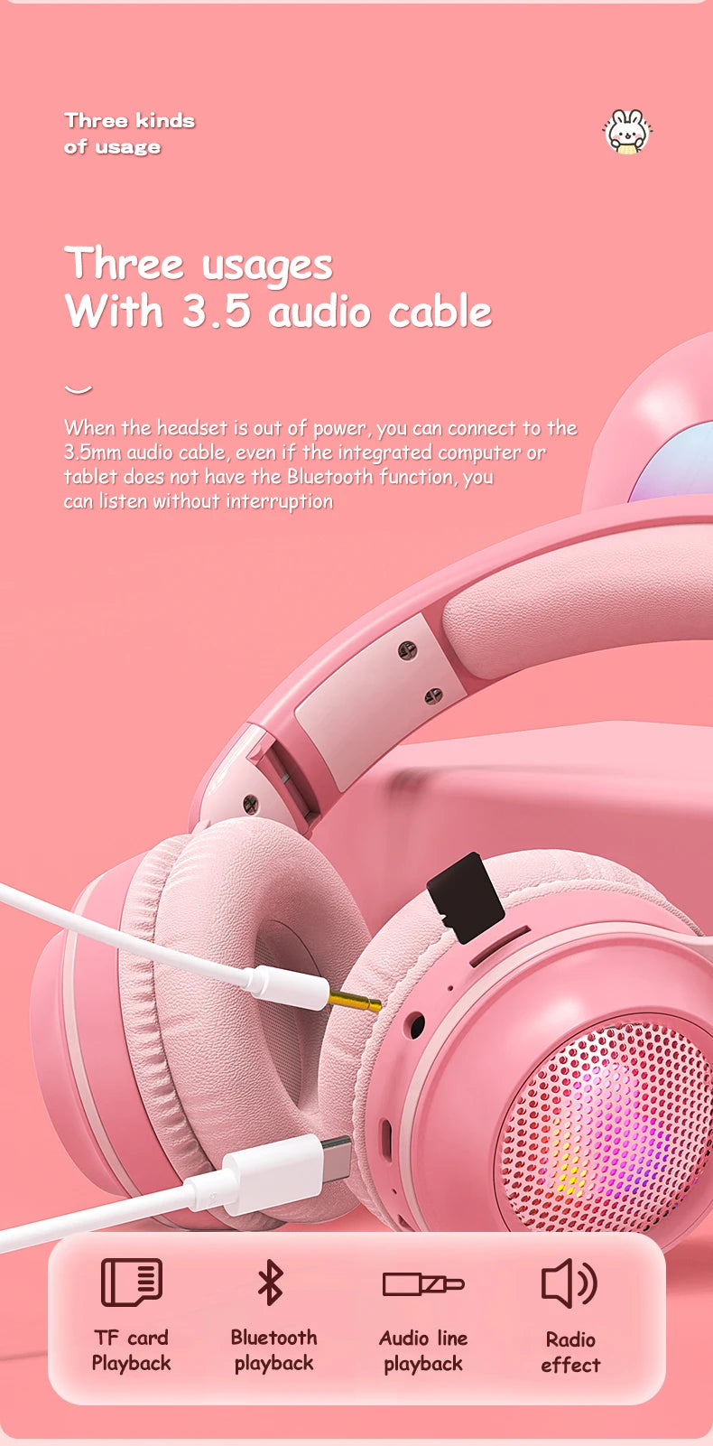 Wireless Headphones Rabbit Ear Headphones with Microphone Cute Girl Music Bluetooth Headphones for Kids Gaming Headphones