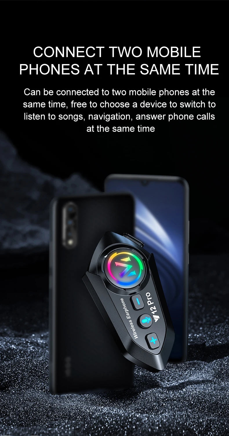 Y12 Pro Motorcycle Helmet Intercom Headset Bluetooth 5.4 Hands Free Call 500M For 2 Rider Intercomunicador Moto Interphone Music