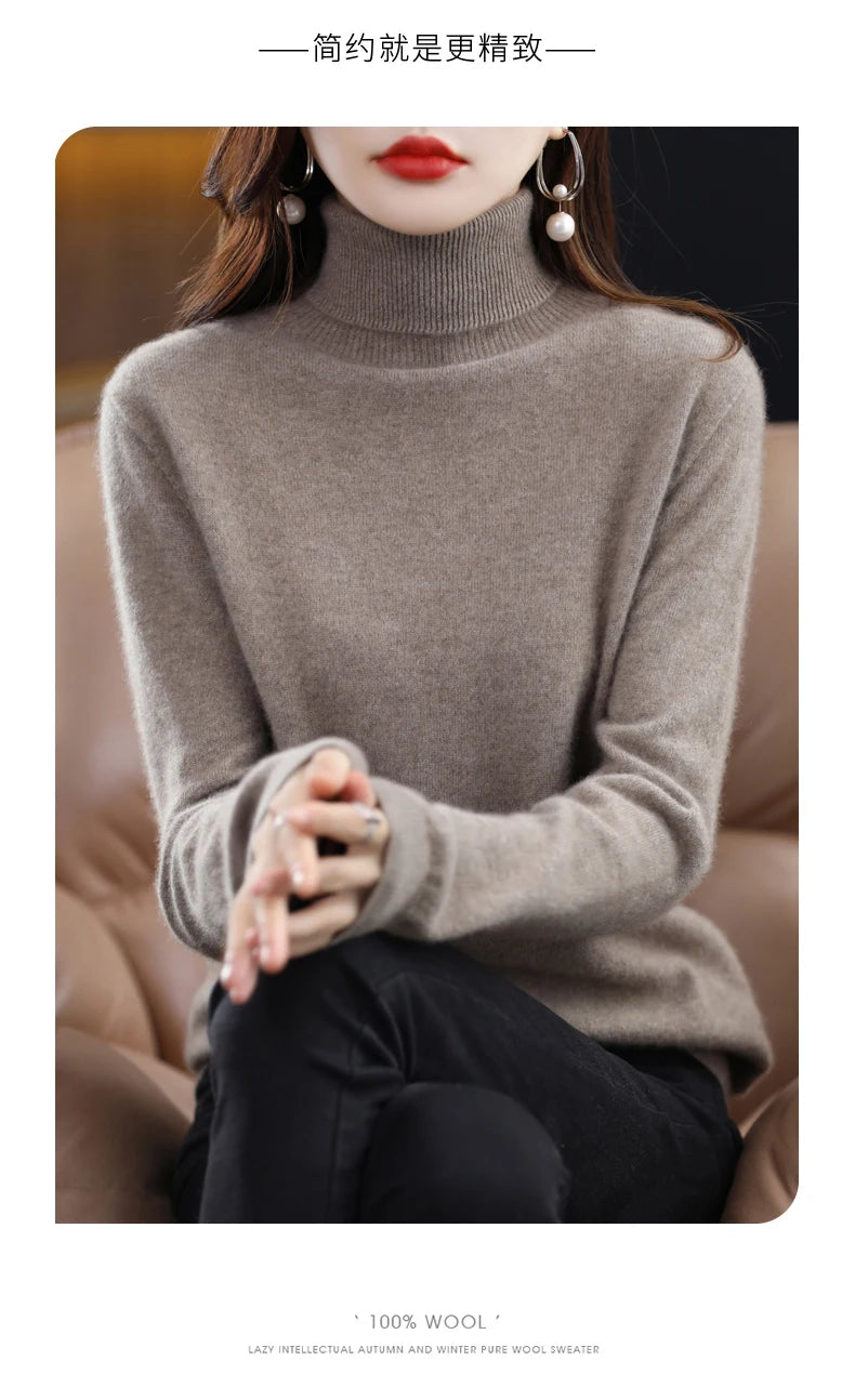 100% Merino Wool High Turnover Collar Knitted Sweater For Women's Autumn And Winter Warm Top Elegant 2YS Versatile Jiu Jia 206