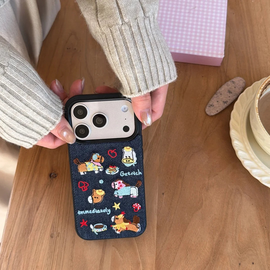 Korean Embroidered Cartoon Illustration Denim Phone Case For iPhone 17 16 Pro 15 14 13 Pro Max Cover Shockproof Cases Funda﻿