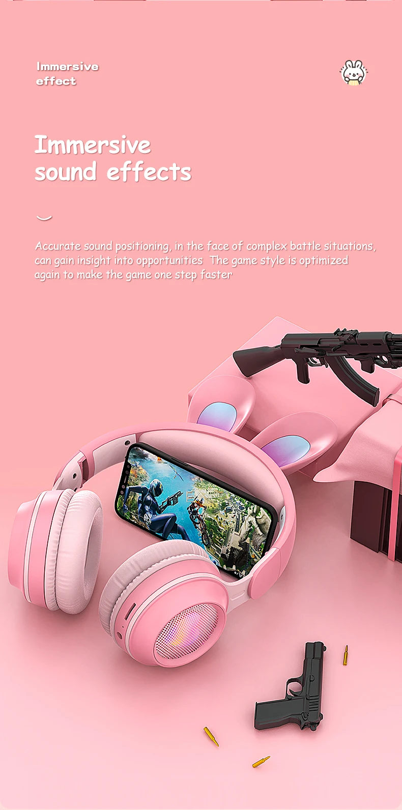 Wireless Headphones Rabbit Ear Headphones with Microphone Cute Girl Music Bluetooth Headphones for Kids Gaming Headphones