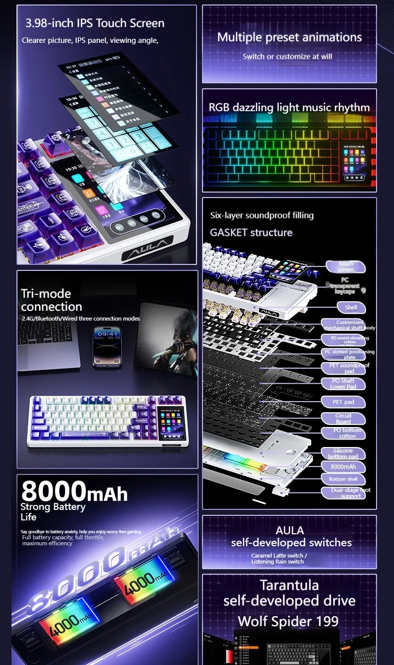 AULA L99 Gaming Keyboard 3.98-inch IPS Touchscreen Mechanical Keyboard Wireless Customizable Tri-mode Bluetooth Esports