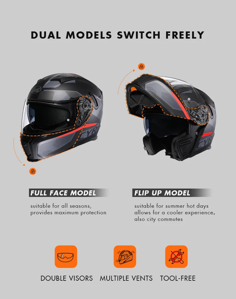 Motorcycle Helmet Dual Visor Modular Flip Up Full Face Helmet for Adult Men Women DOT Approved Casco Moto CYRIL AH121