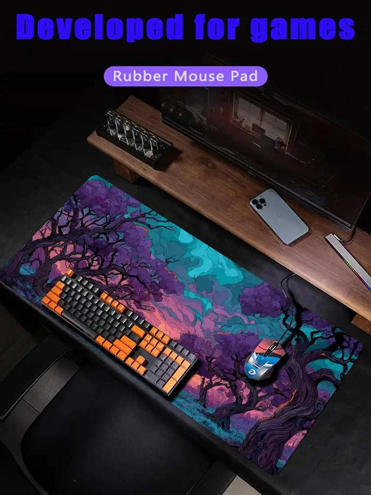 Mysterious Purple Forest large Mouse Pad Desk Mat gaming mats Non-Slip Stitched Edge pc accessories keyboard mousemat office rug