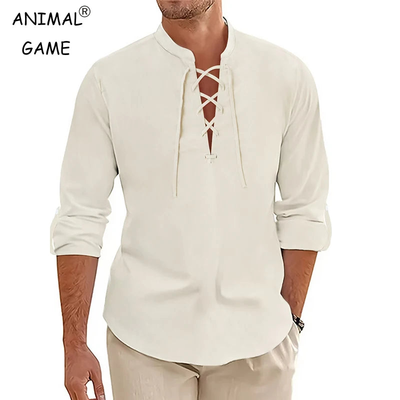 New Men's Long Sleeved Vintage Shirt Medieval Viking Top Cotton Shirts Men Halloween Costume Breathable Mens Tshirts Yoga Shirts