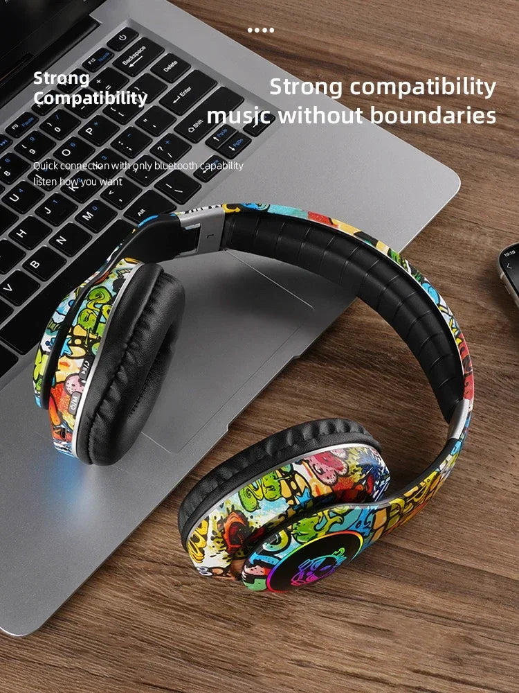 Graffiti LED Light Bluetooth Headsets Game Doodle Wireless Headphones Earphones Mic  For Kids Boy Girl Gifts Support TF Card