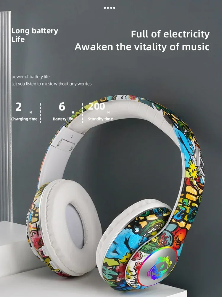 Graffiti LED Light Bluetooth Headsets Game Doodle Wireless Headphones Earphones Mic  For Kids Boy Girl Gifts Support TF Card