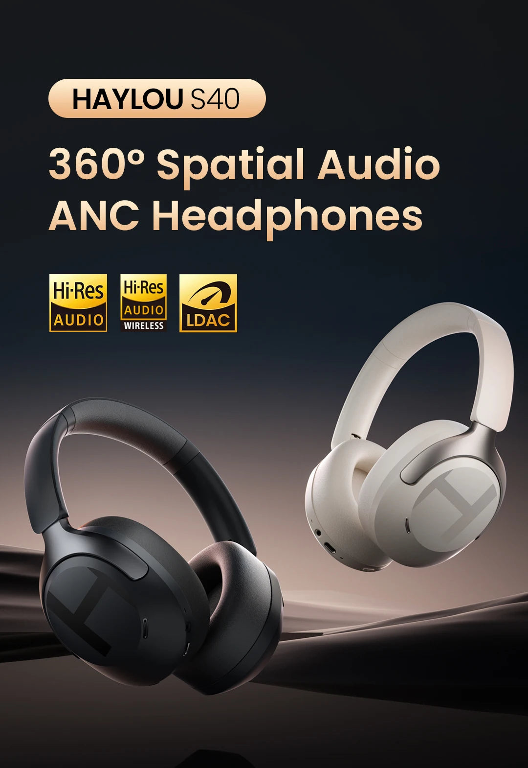 HAYLOU S40 ANC Wireless Headphones Bluetooth 6.0 Hi-Res Audio Over Ear Headset 50dB Hybrid Active Noise Cancellation Earphones