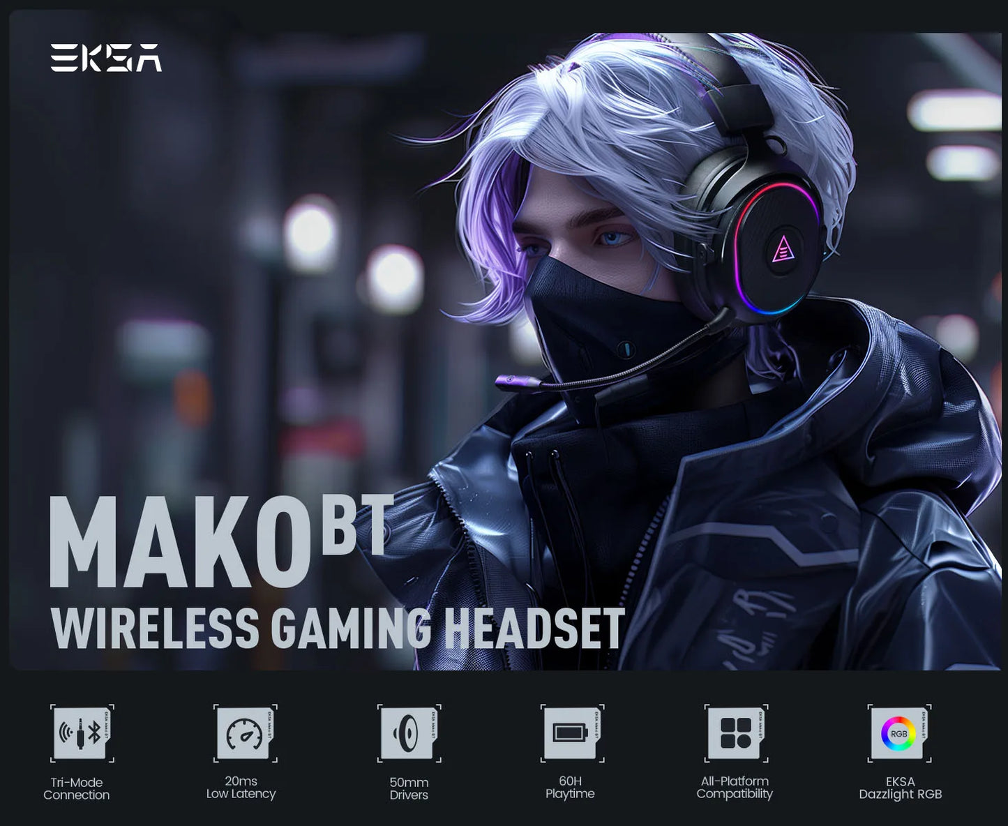 EKSA Mako BT 2.4GHz Low Latency Wireless Headphones, Over-Ear Bluetooth 5.3 Headset Gamer with Detachable Microphone for PC/PS5