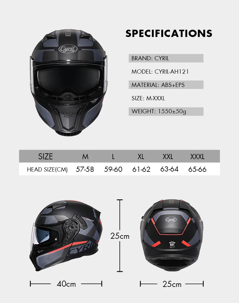 Motorcycle Helmet Dual Visor Modular Flip Up Full Face Helmet for Adult Men Women DOT Approved Casco Moto CYRIL AH121