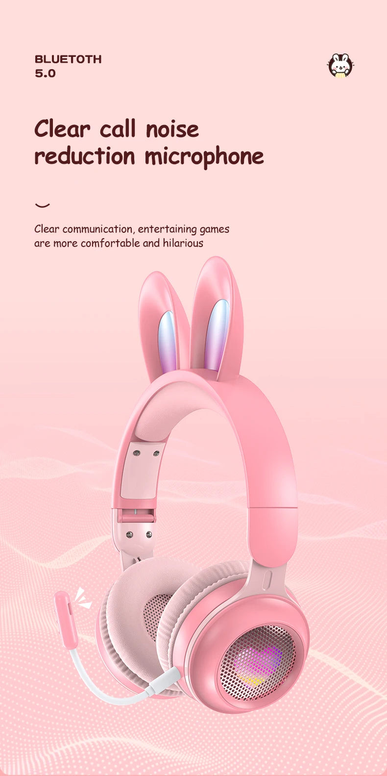 Wireless Headphones Rabbit Ear Headphones with Microphone Cute Girl Music Bluetooth Headphones for Kids Gaming Headphones