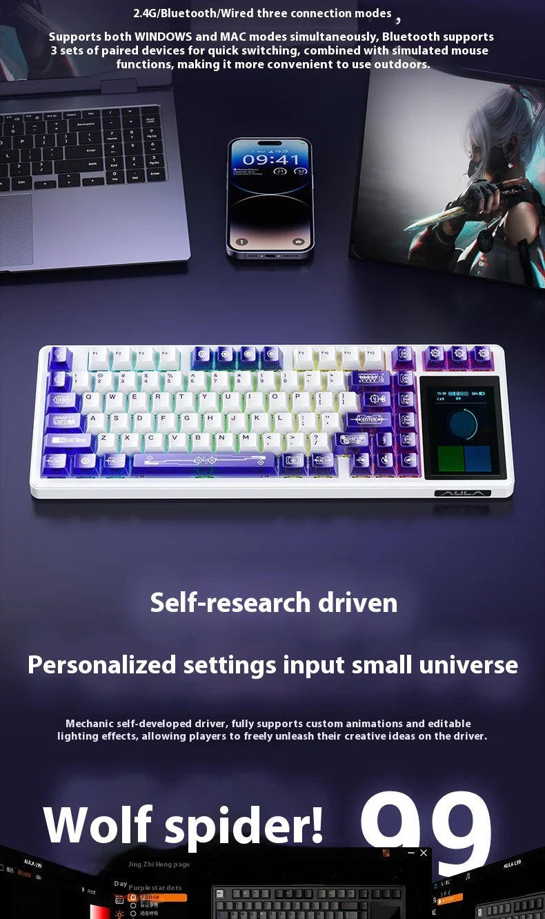 AULA L99 Gaming Keyboard 3.98-inch IPS Touchscreen Mechanical Keyboard Wireless Customizable Tri-mode Bluetooth Esports