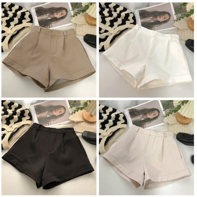 Elegant Suit Shorts Women Solid High Waist Wide Leg Shorts Office Lady Korean Fashion Black White Simple All Match Short Pants