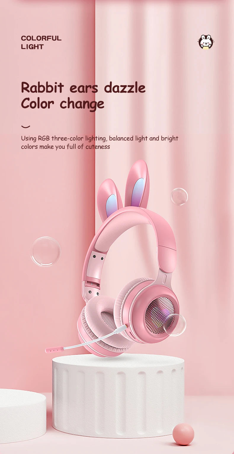 Wireless Headphones Rabbit Ear Headphones with Microphone Cute Girl Music Bluetooth Headphones for Kids Gaming Headphones