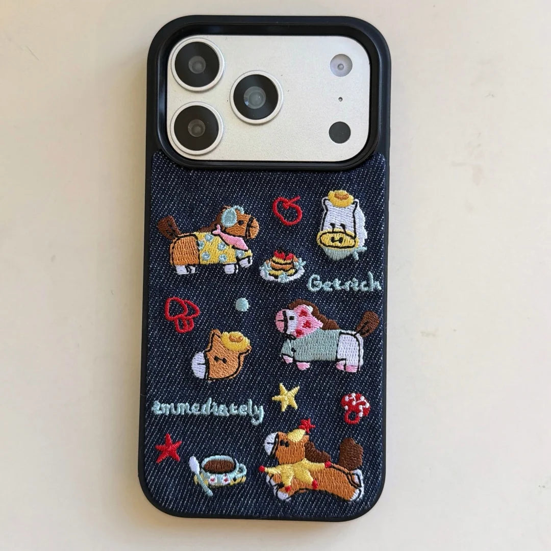 Korean Embroidered Cartoon Illustration Denim Phone Case For iPhone 17 16 Pro 15 14 13 Pro Max Cover Shockproof Cases Funda﻿