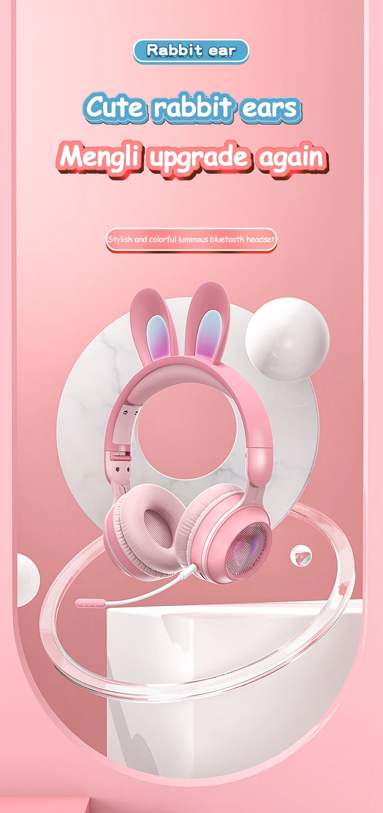 Wireless Headphones Rabbit Ear Headphones with Microphone Cute Girl Music Bluetooth Headphones for Kids Gaming Headphones