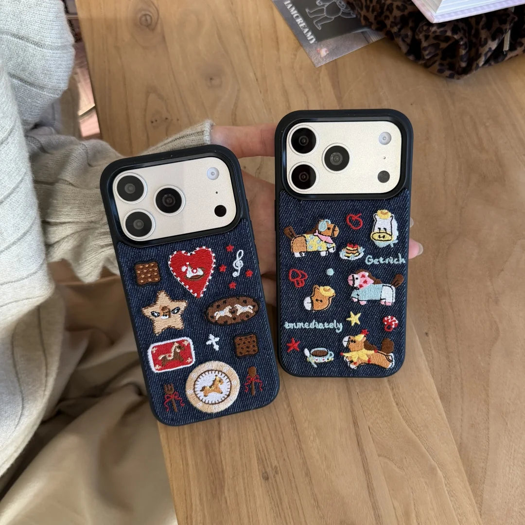 Korean Embroidered Cartoon Illustration Denim Phone Case For iPhone 17 16 Pro 15 14 13 Pro Max Cover Shockproof Cases Funda﻿