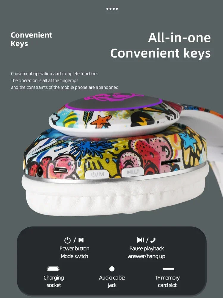 Graffiti LED Light Bluetooth Headsets Game Doodle Wireless Headphones Earphones Mic  For Kids Boy Girl Gifts Support TF Card