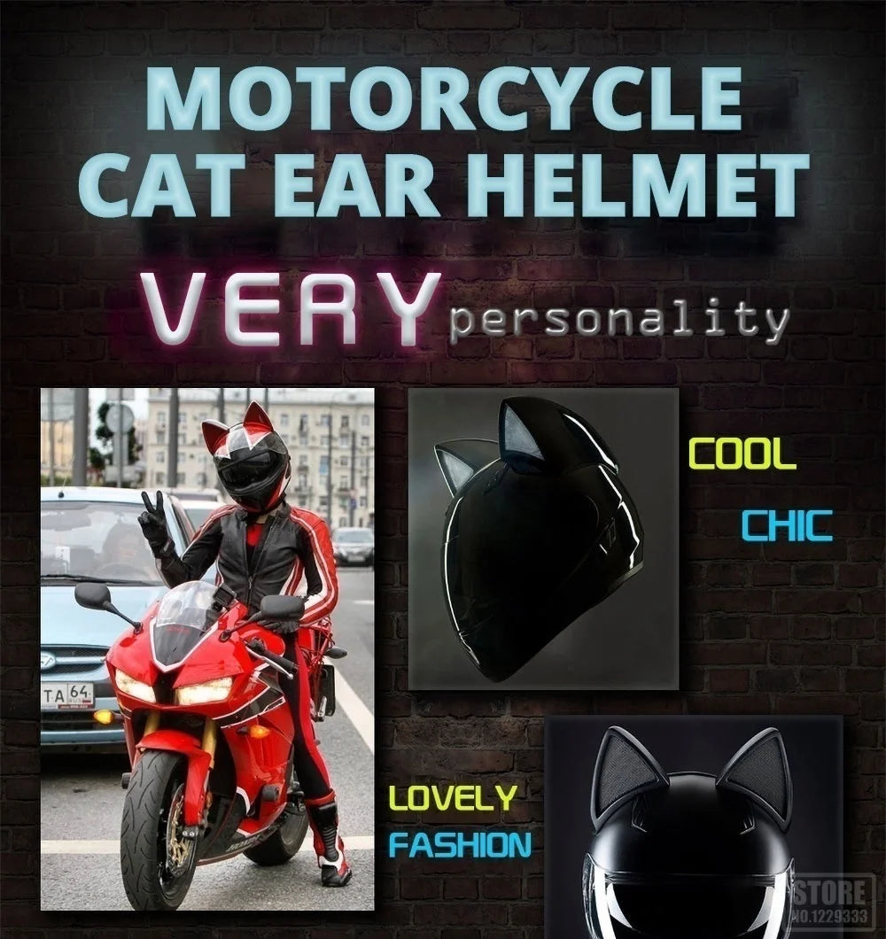 2022 Motorcycle Cat Ear Helmet Capacete Casque Full Face Helmet Women Moto Ear Helmets Personality Motorbike Helmet Motocross
