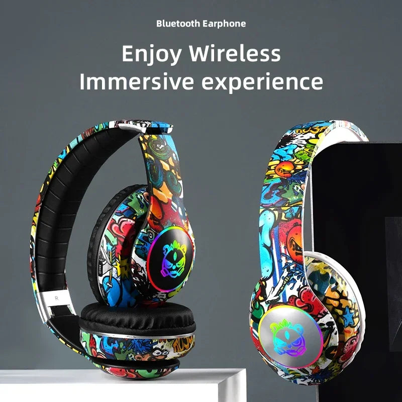 Graffiti LED Light Bluetooth Headsets Game Doodle Wireless Headphones Earphones Mic  For Kids Boy Girl Gifts Support TF Card