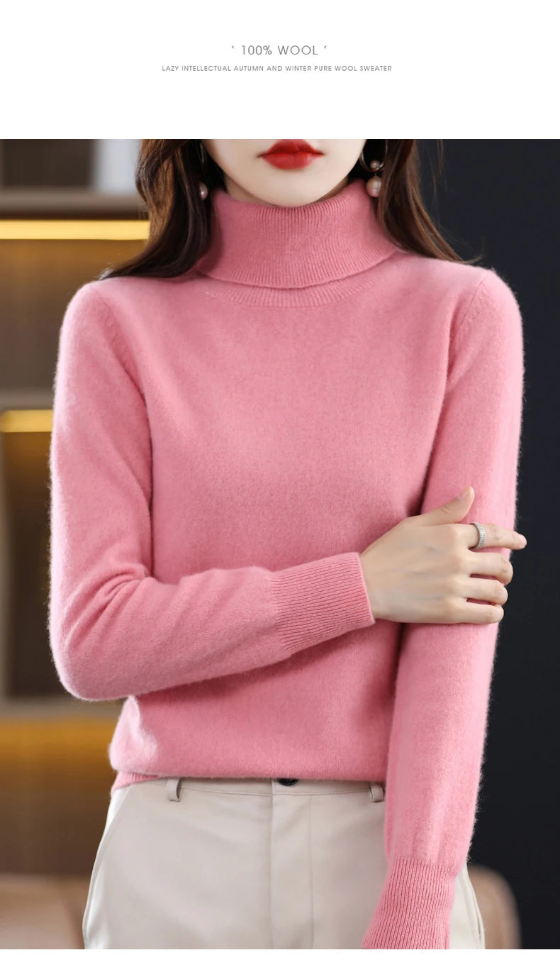 100% Merino Wool High Turnover Collar Knitted Sweater For Women's Autumn And Winter Warm Top Elegant 2YS Versatile Jiu Jia 206