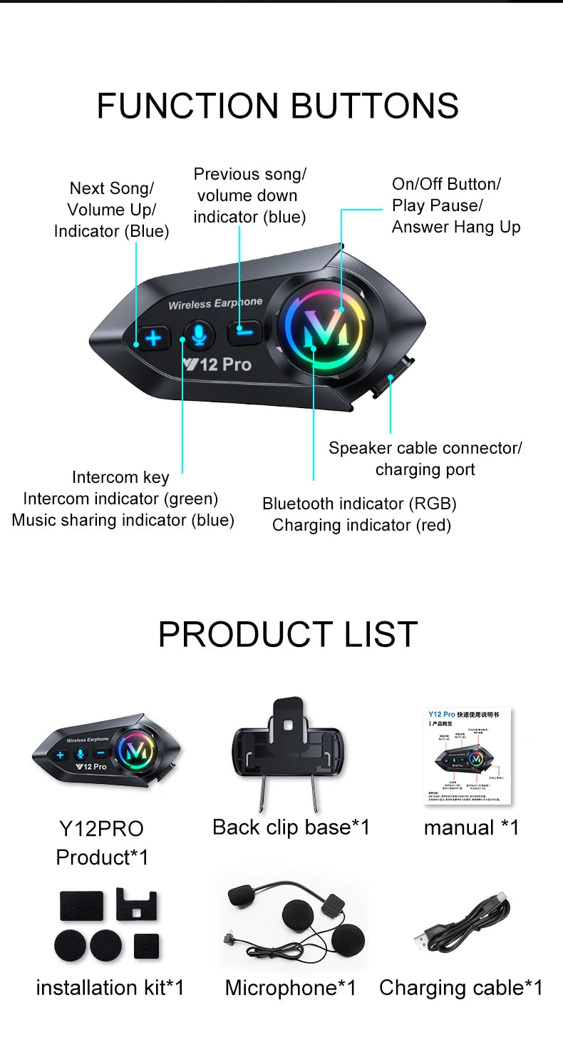 Y12 Pro Motorcycle Helmet Intercom Headset Bluetooth 5.4 Hands Free Call 500M For 2 Rider Intercomunicador Moto Interphone Music