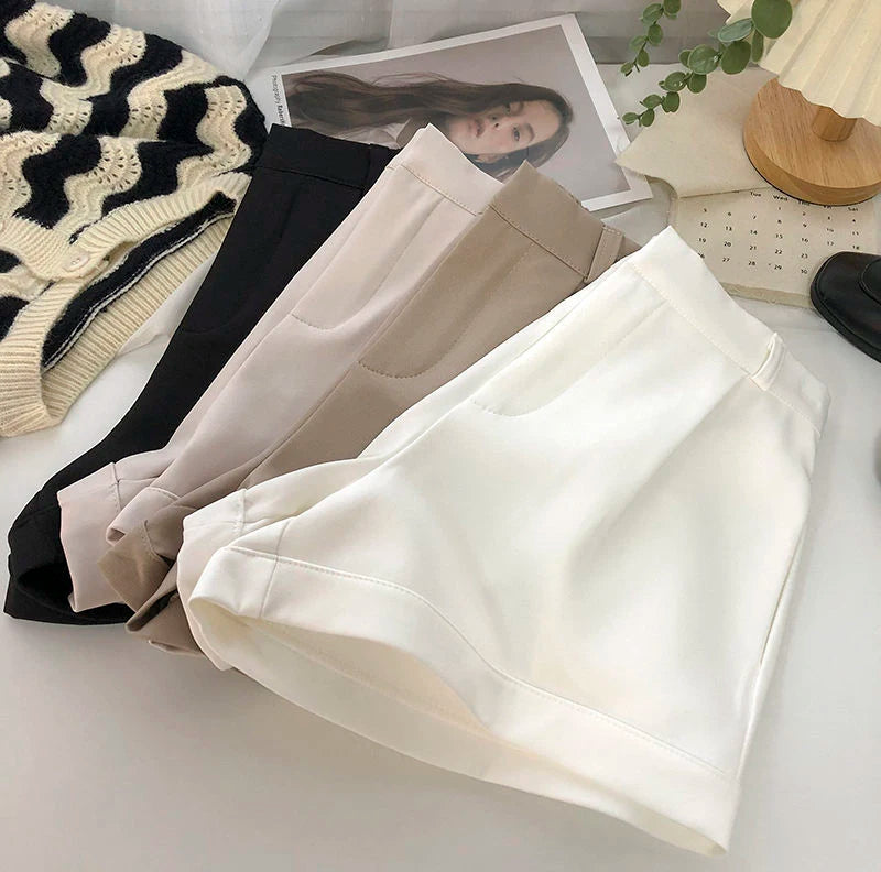 Elegant Suit Shorts Women Solid High Waist Wide Leg Shorts Office Lady Korean Fashion Black White Simple All Match Short Pants