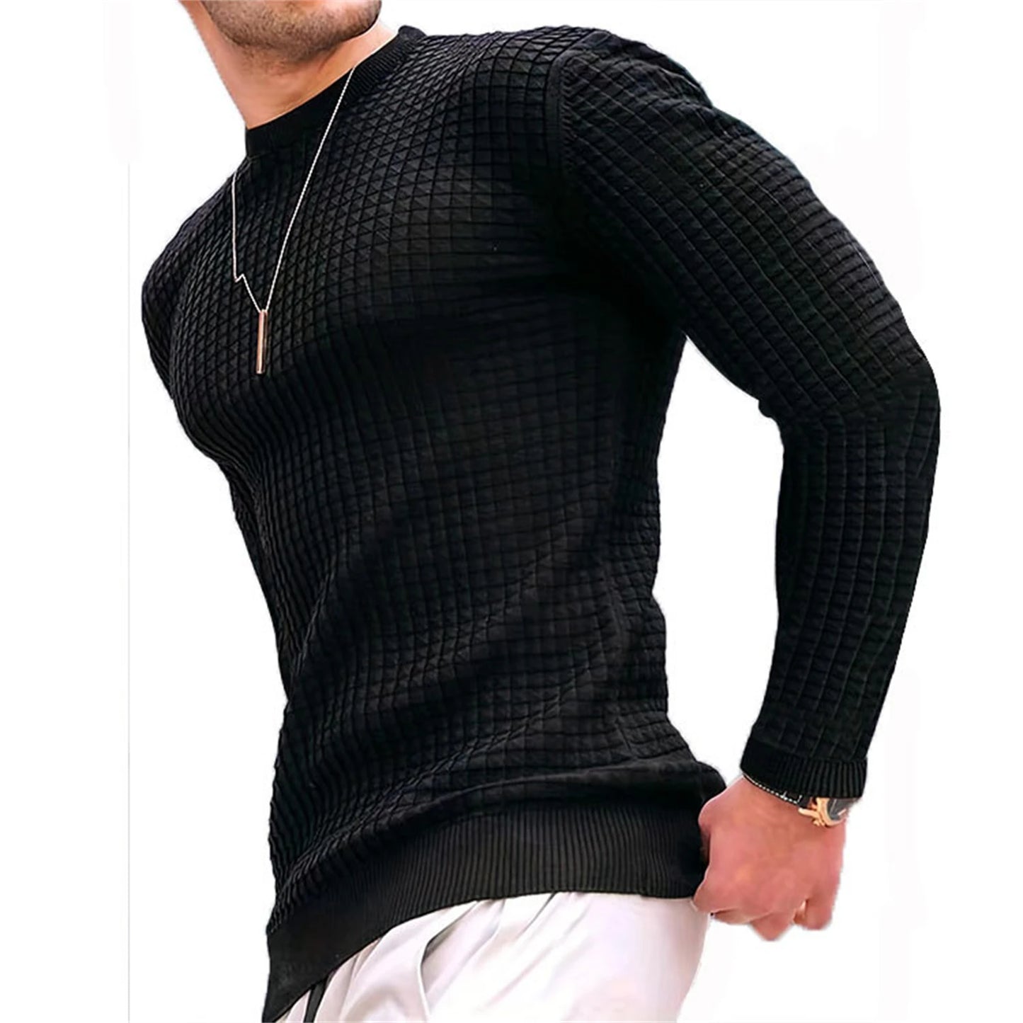 Men's coat fashion small check Waffle youth round neck jacquard check hoodie