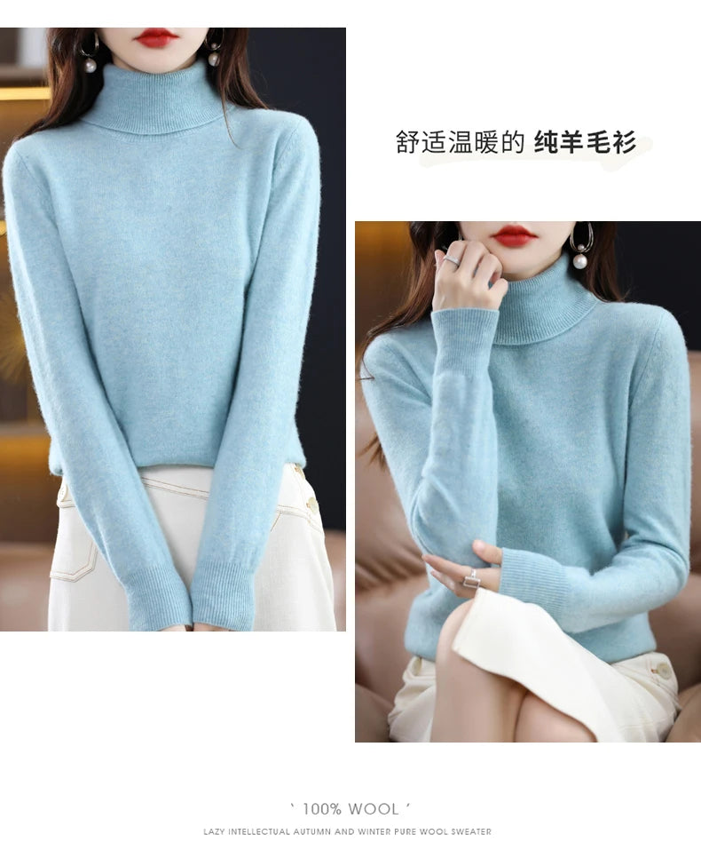 100% Merino Wool High Turnover Collar Knitted Sweater For Women's Autumn And Winter Warm Top Elegant 2YS Versatile Jiu Jia 206