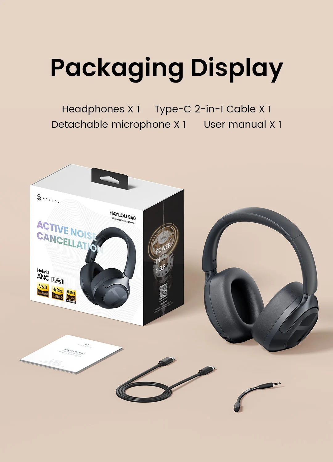 HAYLOU S40 ANC Wireless Headphones Bluetooth 6.0 Hi-Res Audio Over Ear Headset 50dB Hybrid Active Noise Cancellation Earphones