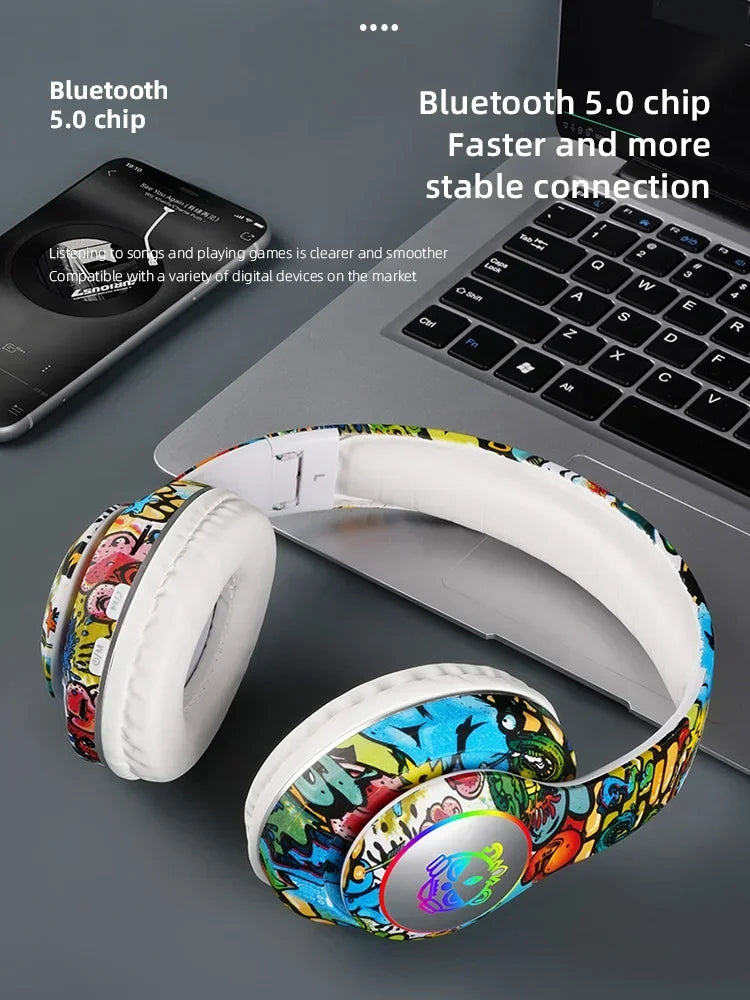 Graffiti LED Light Bluetooth Headsets Game Doodle Wireless Headphones Earphones Mic  For Kids Boy Girl Gifts Support TF Card