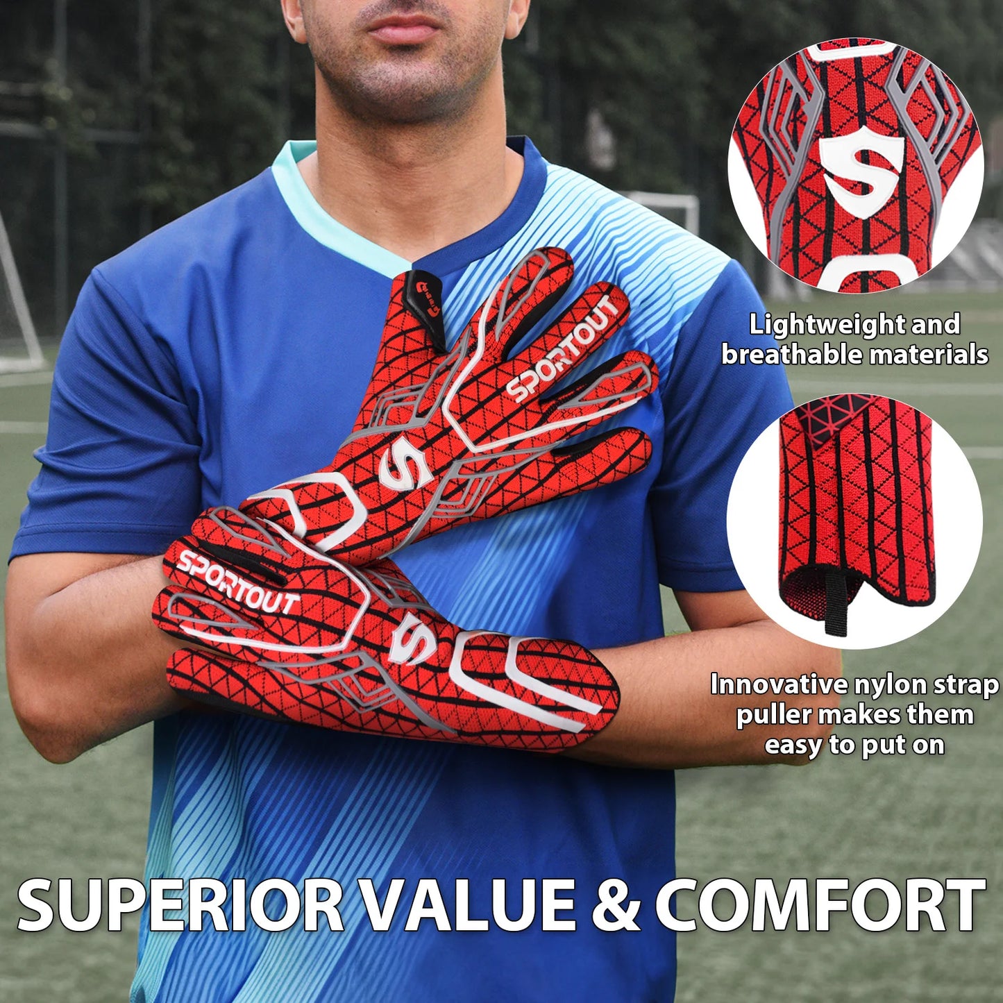 Goalkeeper gloves, men's goalkeeper gloves, football gloves, 4+3mm latex with super strong grip and strong breathability