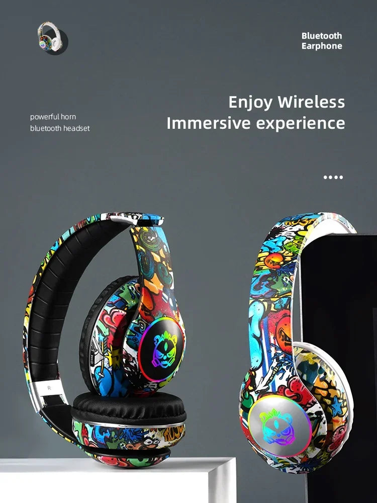 Graffiti LED Light Bluetooth Headsets Game Doodle Wireless Headphones Earphones Mic  For Kids Boy Girl Gifts Support TF Card