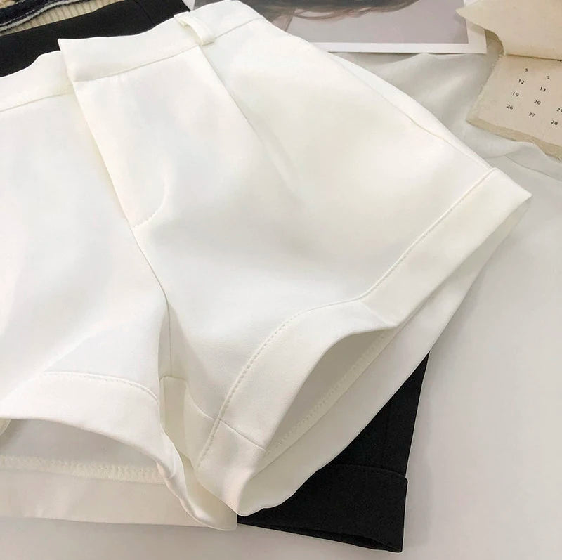 Elegant Suit Shorts Women Solid High Waist Wide Leg Shorts Office Lady Korean Fashion Black White Simple All Match Short Pants