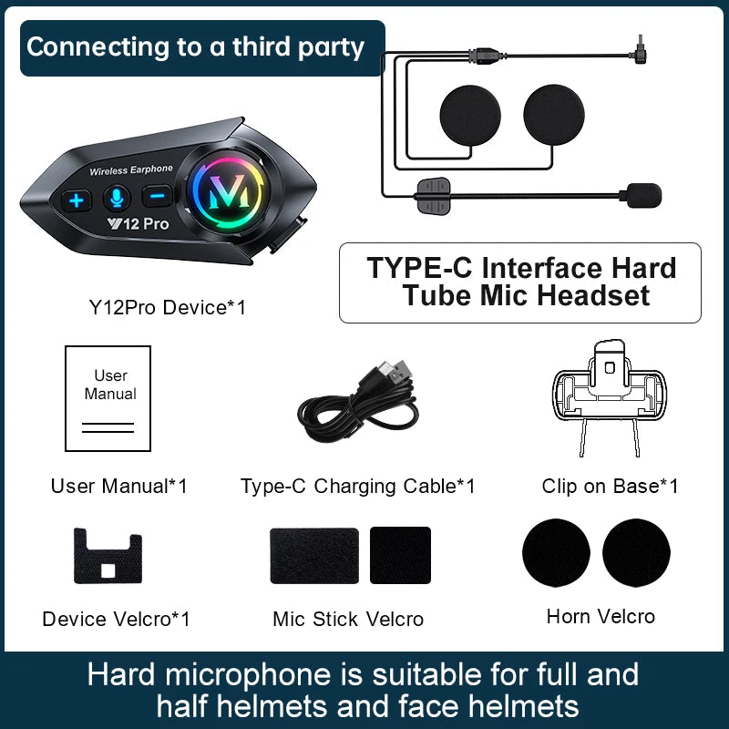Y12 Pro Motorcycle Helmet Intercom Headset Bluetooth 5.4 Hands Free Call 500M For 2 Rider Intercomunicador Moto Interphone Music