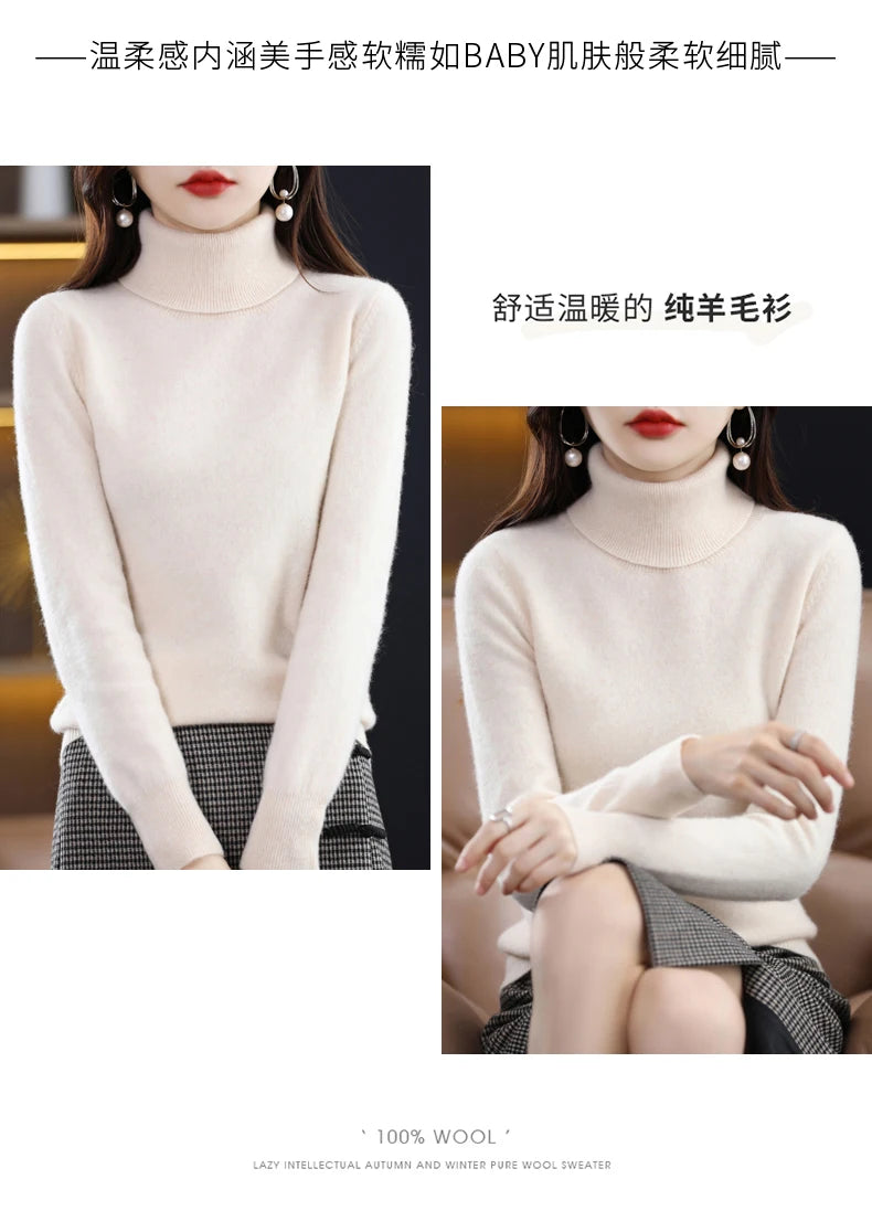 100% Merino Wool High Turnover Collar Knitted Sweater For Women's Autumn And Winter Warm Top Elegant 2YS Versatile Jiu Jia 206