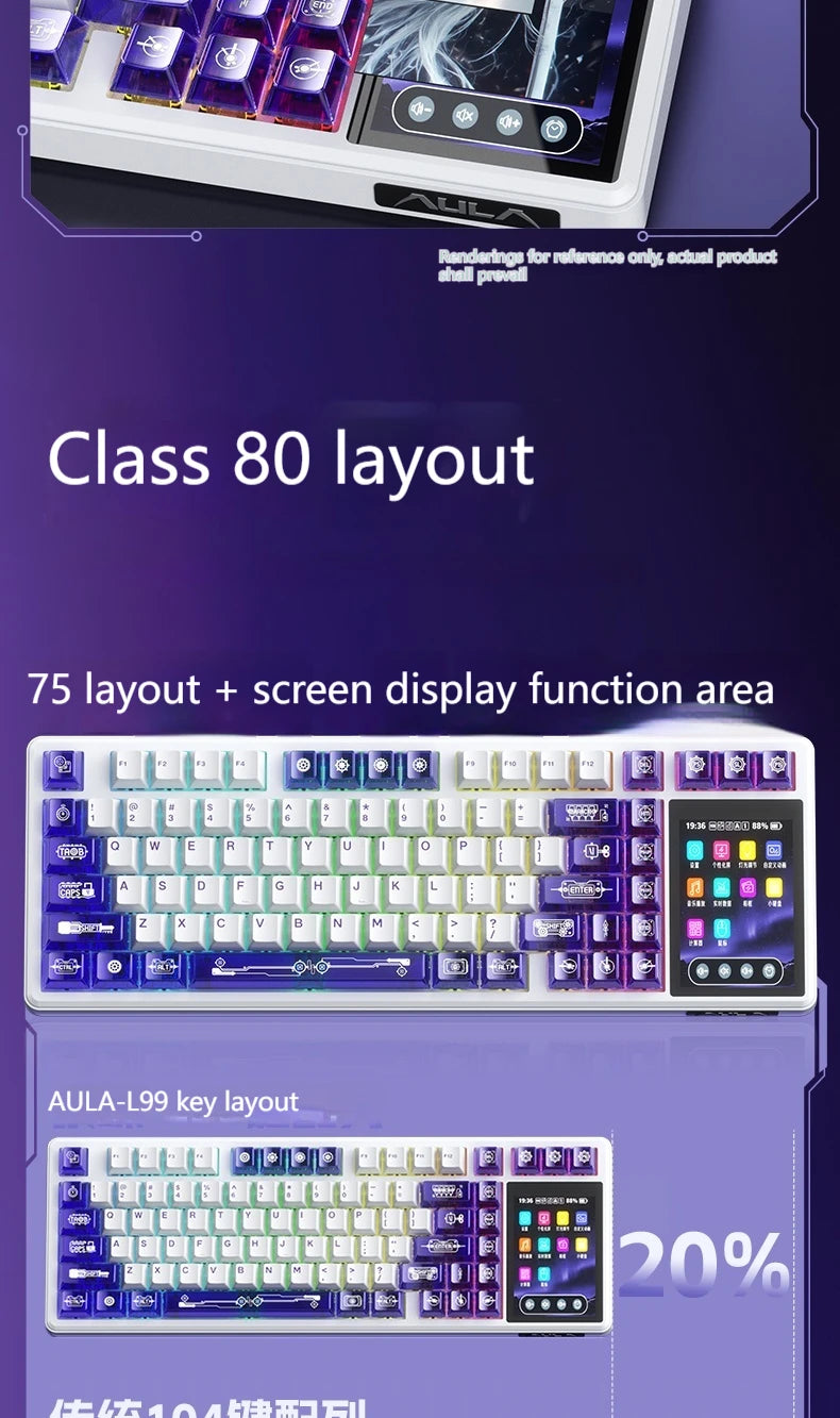 AULA L99 Gaming Keyboard 3.98-inch IPS Touchscreen Mechanical Keyboard Wireless Customizable Tri-mode Bluetooth Esports