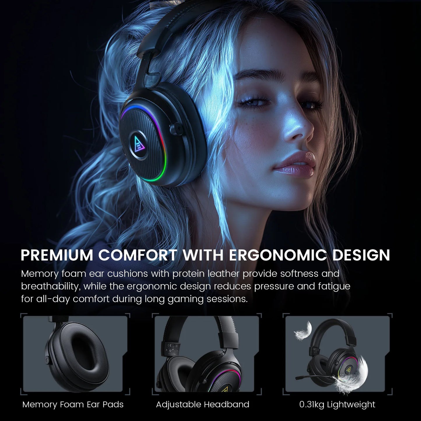 EKSA Mako BT 2.4GHz Low Latency Wireless Headphones, Over-Ear Bluetooth 5.3 Headset Gamer with Detachable Microphone for PC/PS5