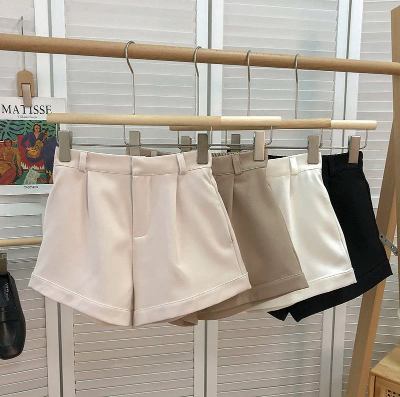 Elegant Suit Shorts Women Solid High Waist Wide Leg Shorts Office Lady Korean Fashion Black White Simple All Match Short Pants