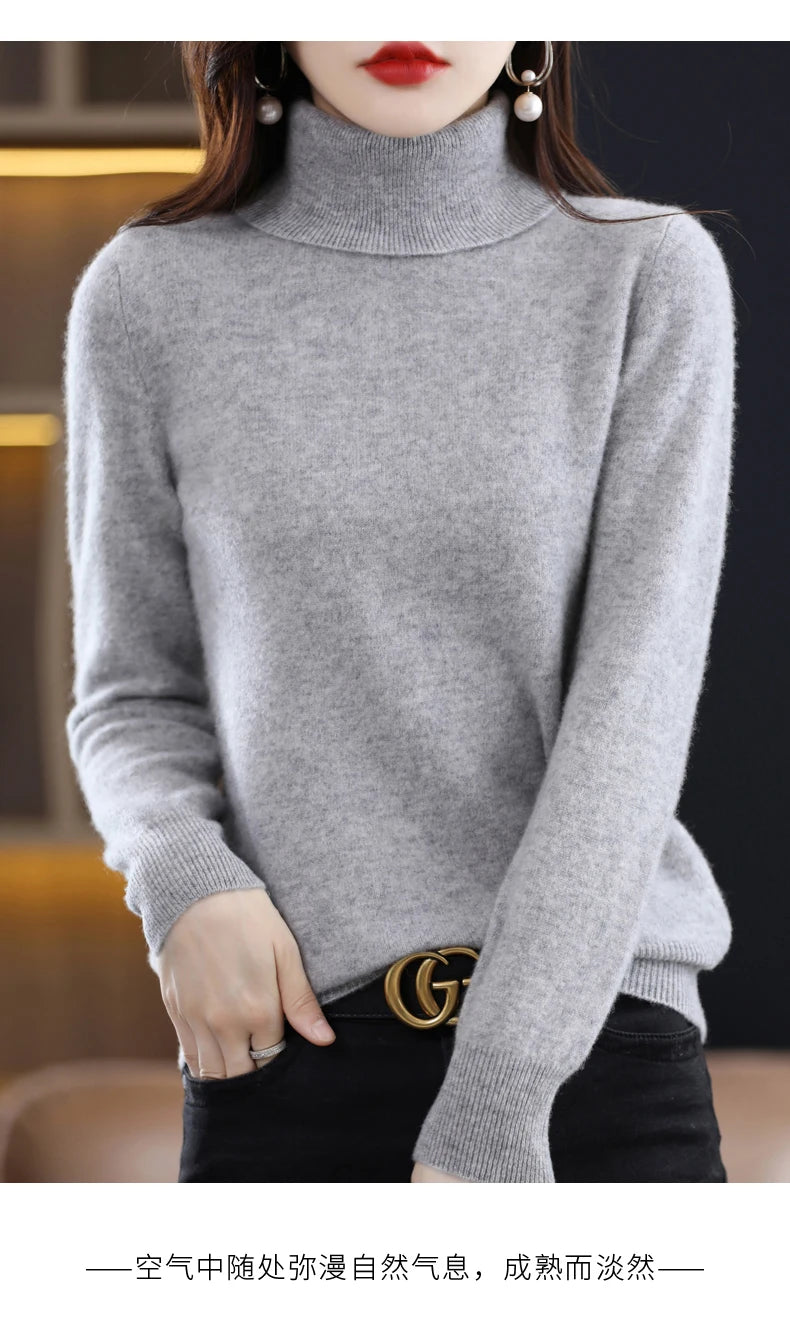 100% Merino Wool High Turnover Collar Knitted Sweater For Women's Autumn And Winter Warm Top Elegant 2YS Versatile Jiu Jia 206